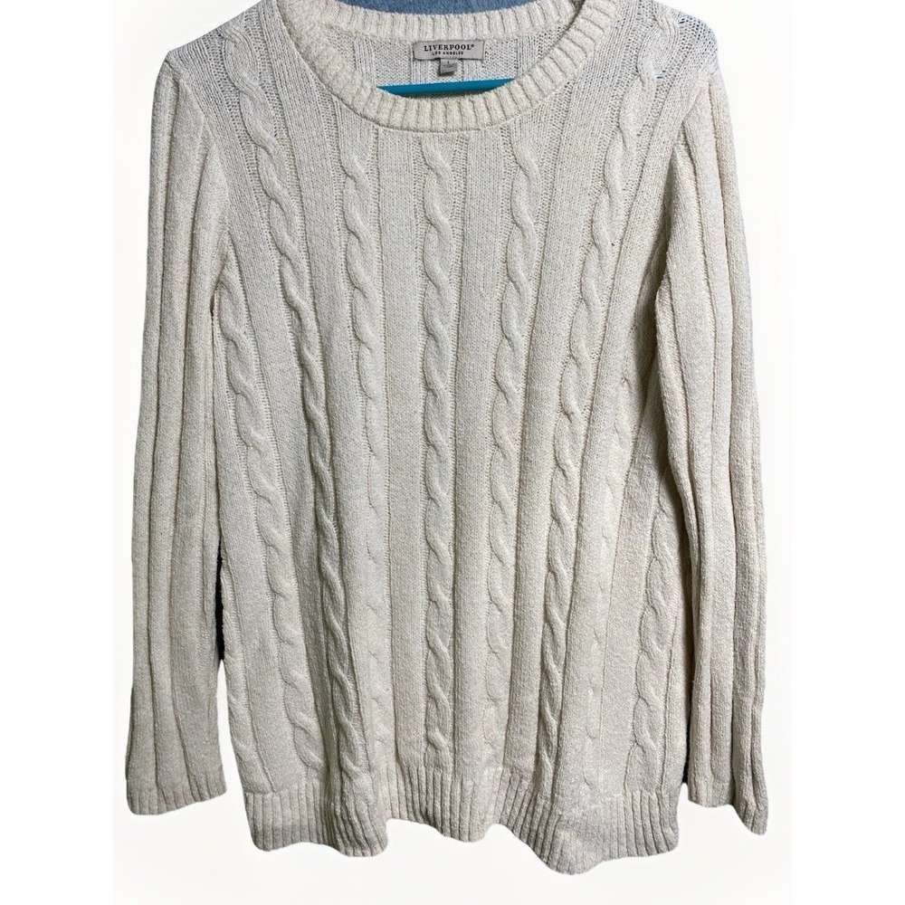 Liverpool Los Angeles Women's Large Cable‎ Knit Sweater Ivory Open Slit Back